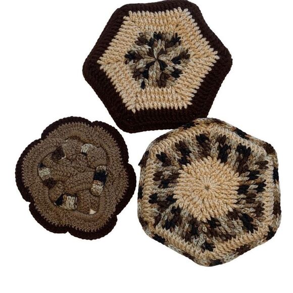 Set Of 3 Handmade Grandma Crochet Pot Holders/ Rests Brown Multicolor 9 Inch - Picture 1 of 4